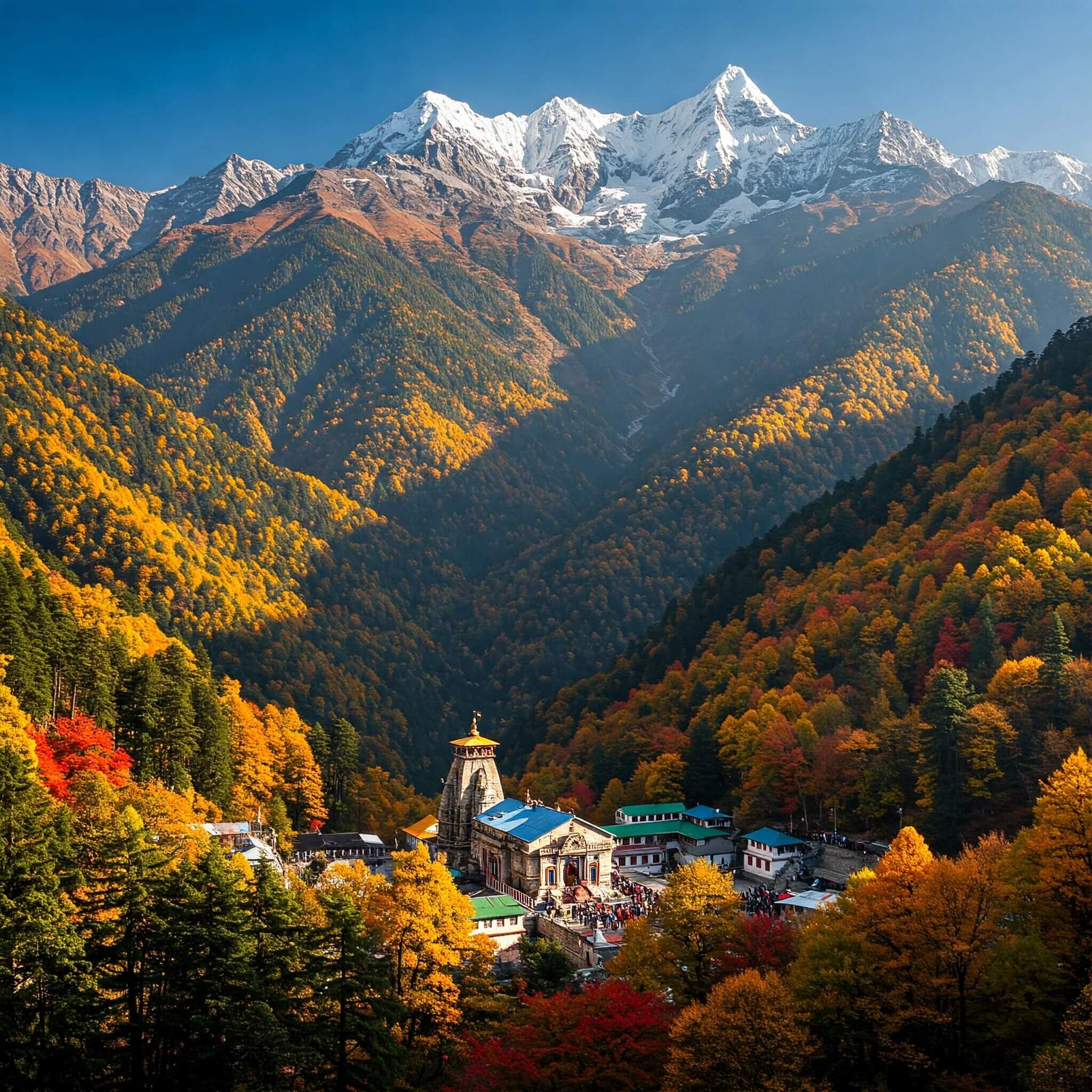 Golden autumn landscape of Yamunotri with clear mountain views