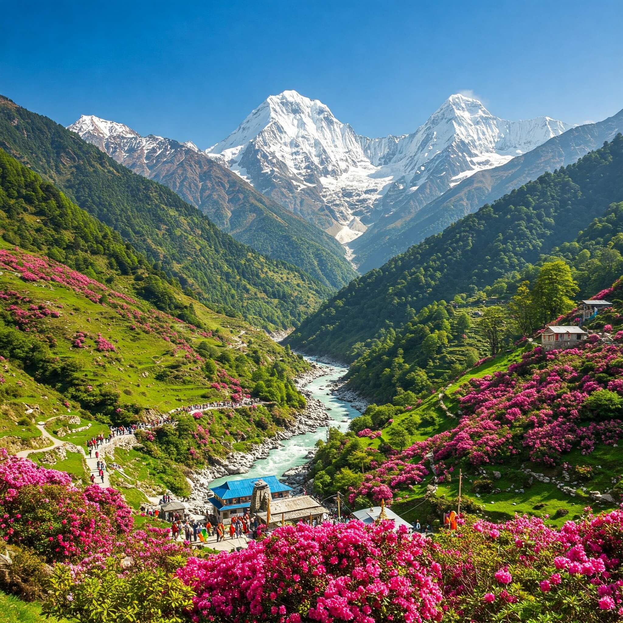 Summer in Yamunotri with clear blue skies and snow-capped peaks