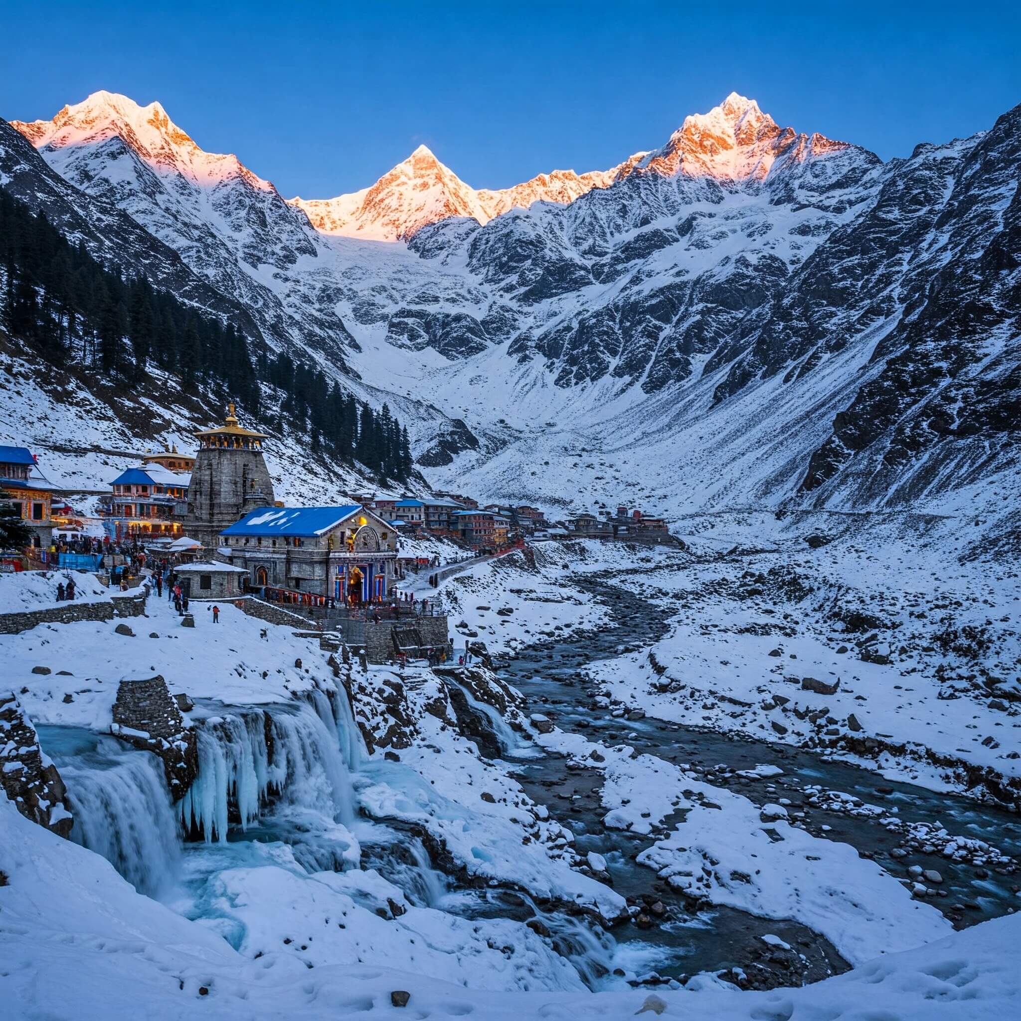 Snow-covered landscape of Yamunotri in winter with frozen waterfalls