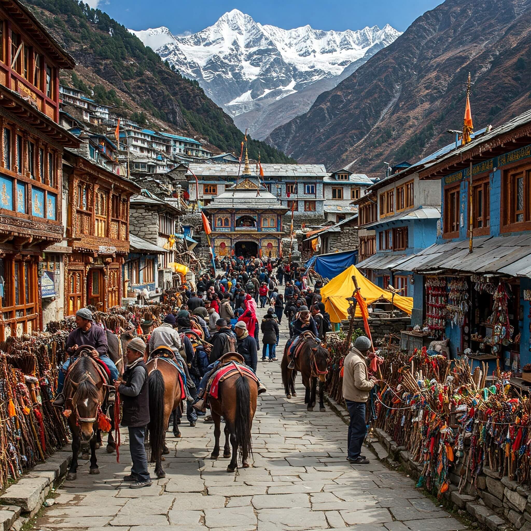 Bustling pilgrim settlement of Janki Chatti with mountain trails, horses, and preparation for final ascent to Yamunotri